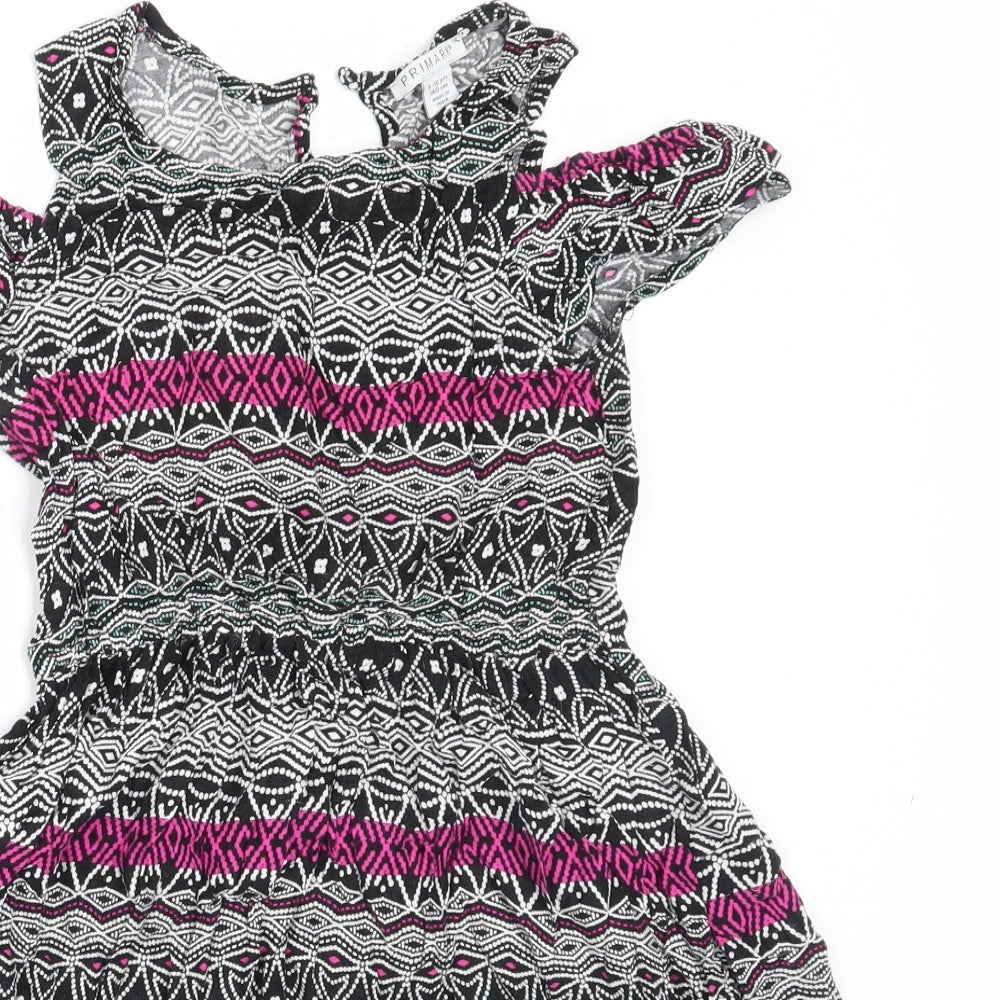 Primark Girls Black Geometric Viscose Skater Dress  Size 9-10 Years  Round Neck