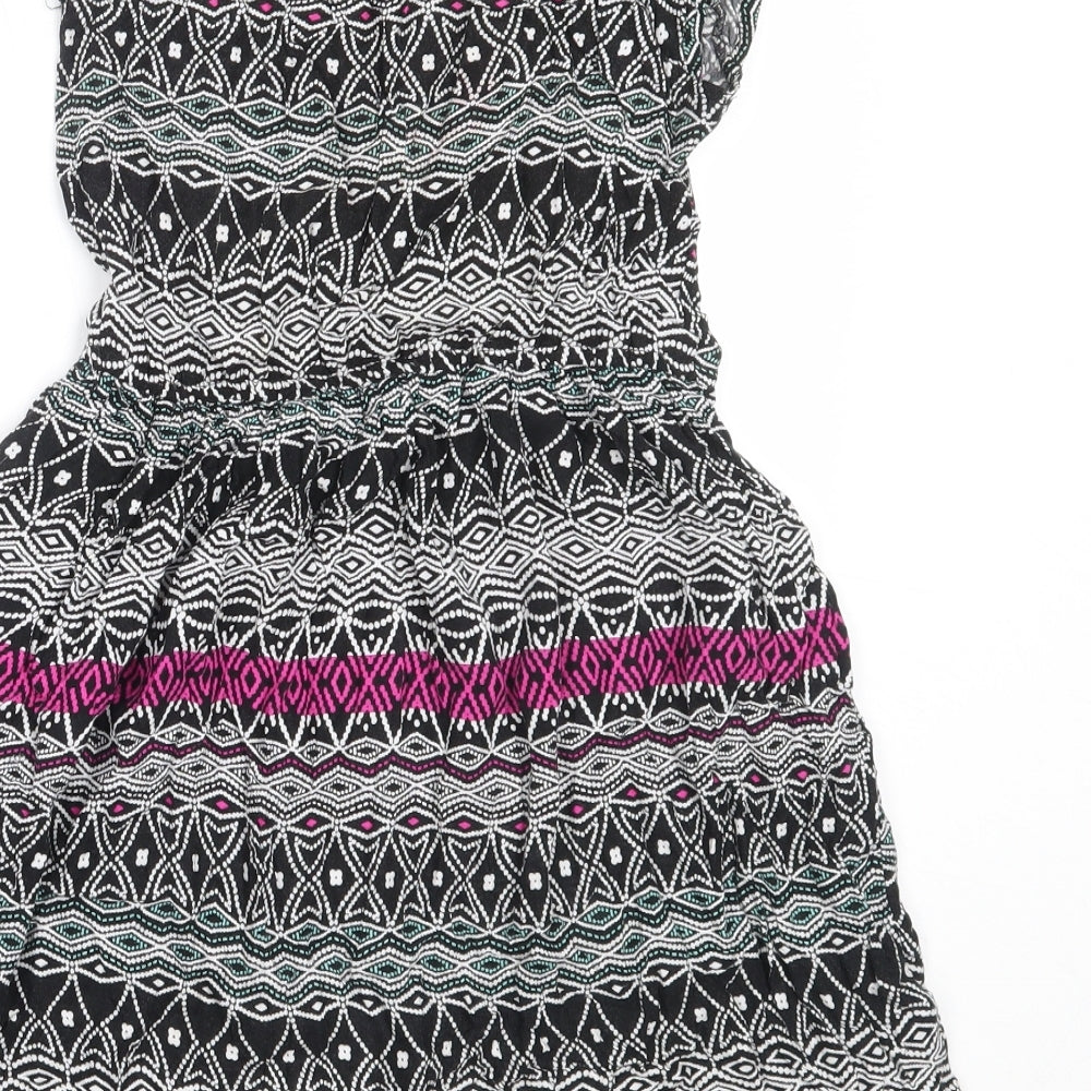 Primark Girls Black Geometric Viscose Skater Dress  Size 9-10 Years  Round Neck
