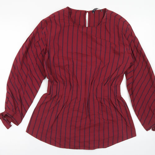 M&S Womens Red Striped Cotton Basic Blouse Size 8 Crew Neck