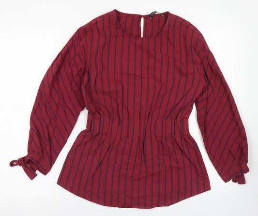 Front view of Marks & Spencer women’s red striped cotton basic blouse, size UK 8, crew neck