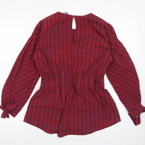 M&S Womens Red Striped Cotton Basic Blouse Size 8 Crew Neck