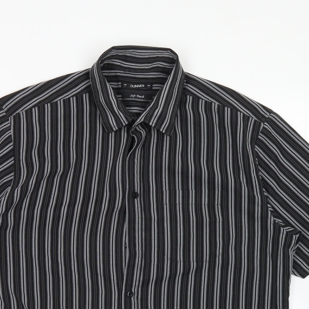 Dunnes Mens Black Striped Polyester  Button-Up Size L Collared Button - Soft Touch