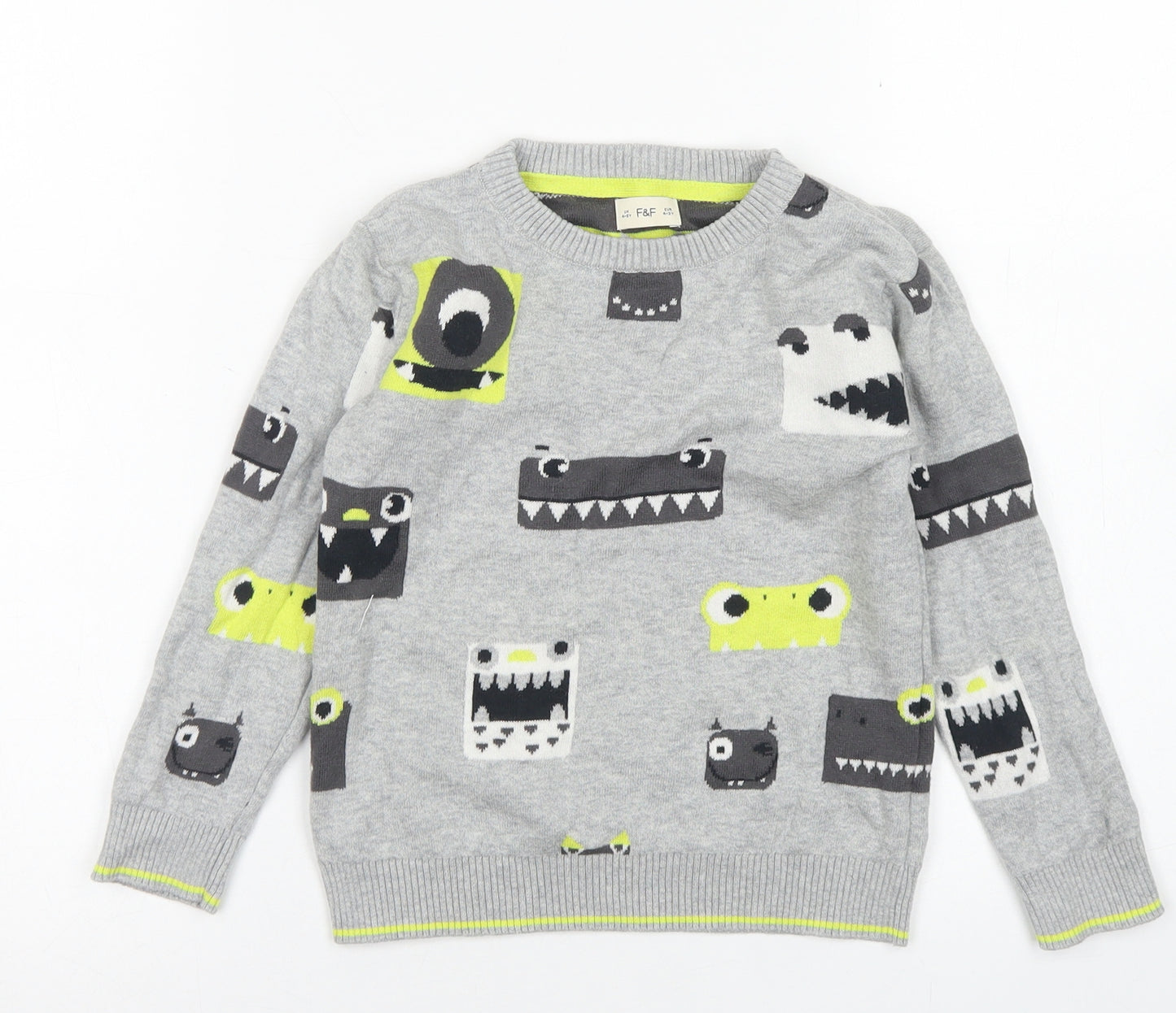 F&F Boys Grey Crew Neck  Cotton Pullover Jumper Size 4-5 Years   - Dinosaurs