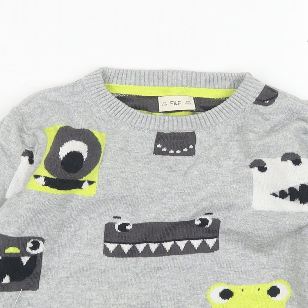 F&F Boys Grey Crew Neck  Cotton Pullover Jumper Size 4-5 Years   - Dinosaurs