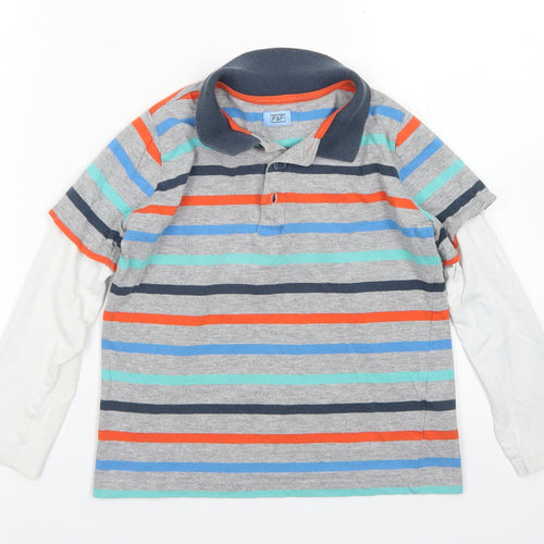 F&F Boys Grey Striped Cotton Basic Polo Size 6-7 Years Collared