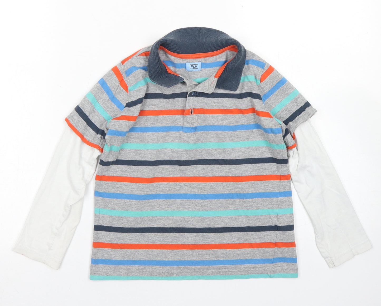 F&F Boys Grey Striped Cotton Basic Polo Size 6-7 Years Collared