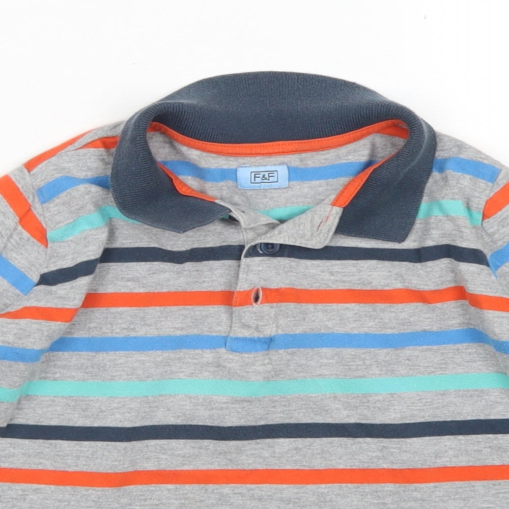 F&F Boys Grey Striped Cotton Basic Polo Size 6-7 Years Collared