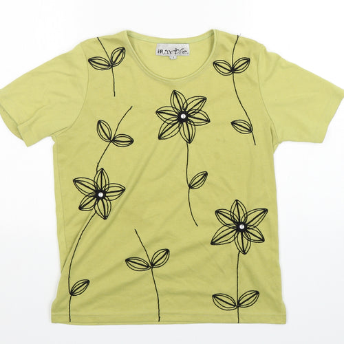 Marble Womens Green Floral Cotton Basic T-Shirt Size XS Round Neck