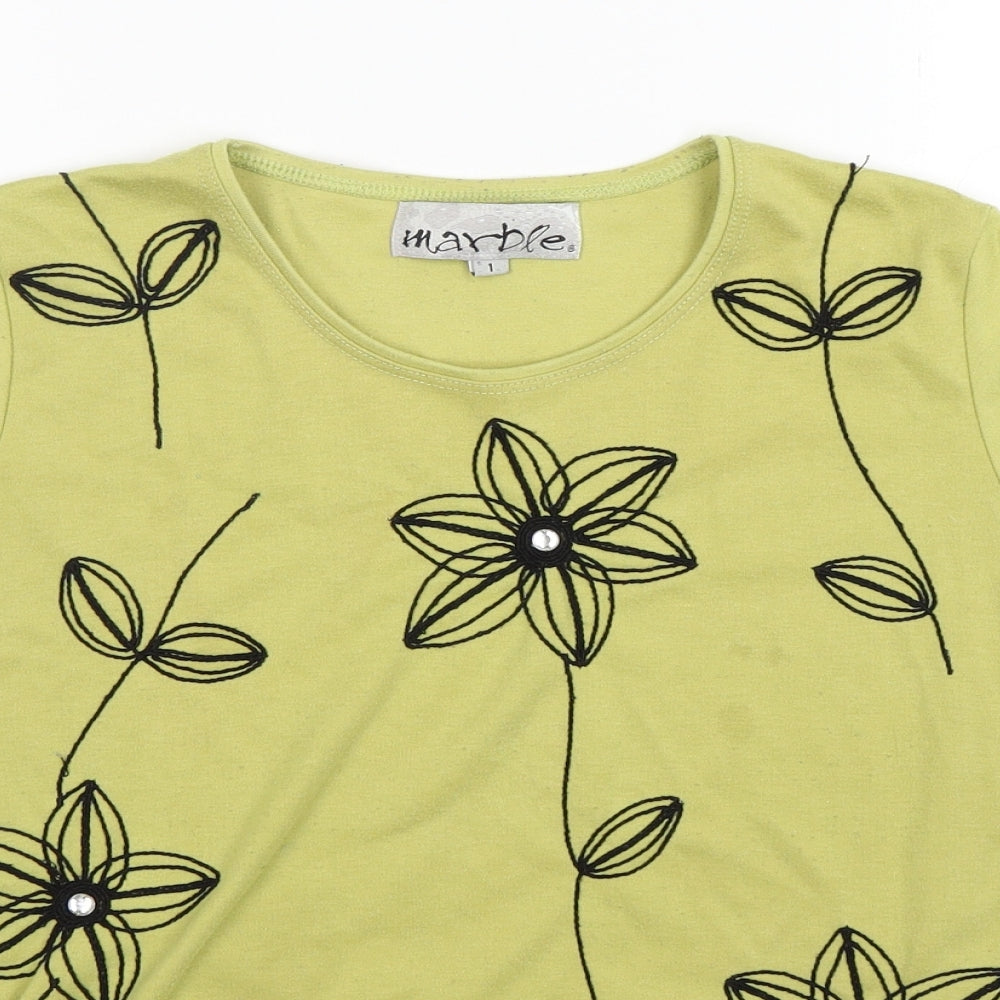 Marble Womens Green Floral Cotton Basic T-Shirt Size XS Round Neck