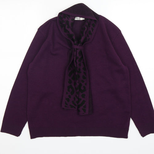 Reflect Womens Purple V-Neck Animal Print Acrylic Pullover Jumper Size M