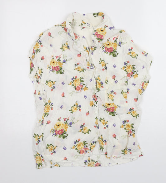 Front view of Mango women’s multicoloured floral viscose basic button-up, size L, collared