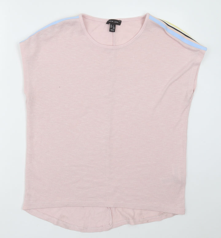 New Look Womens Pink Striped Polyester Basic T-Shirt Size S Crew Neck
