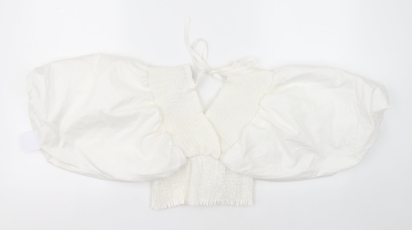 QED London Womens White  Cotton Cropped Blouse Size S V-Neck