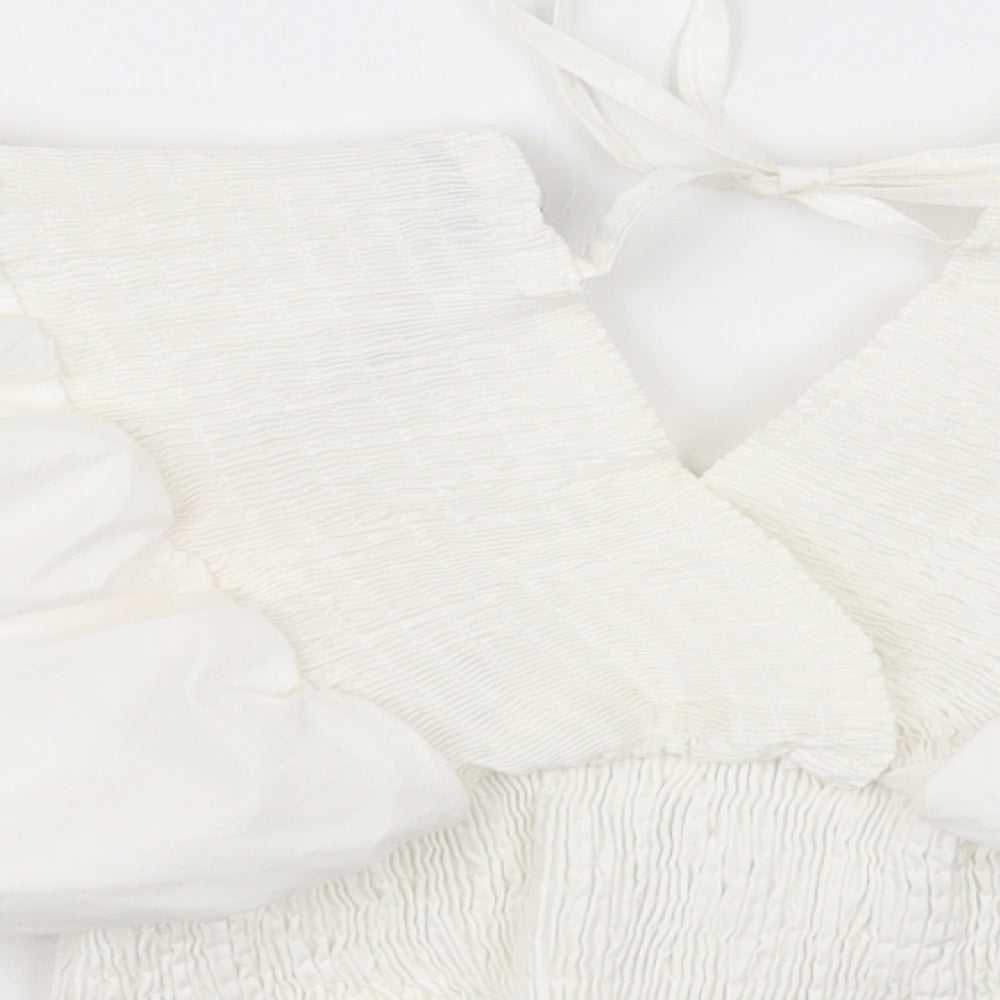QED London Womens White  Cotton Cropped Blouse Size S V-Neck
