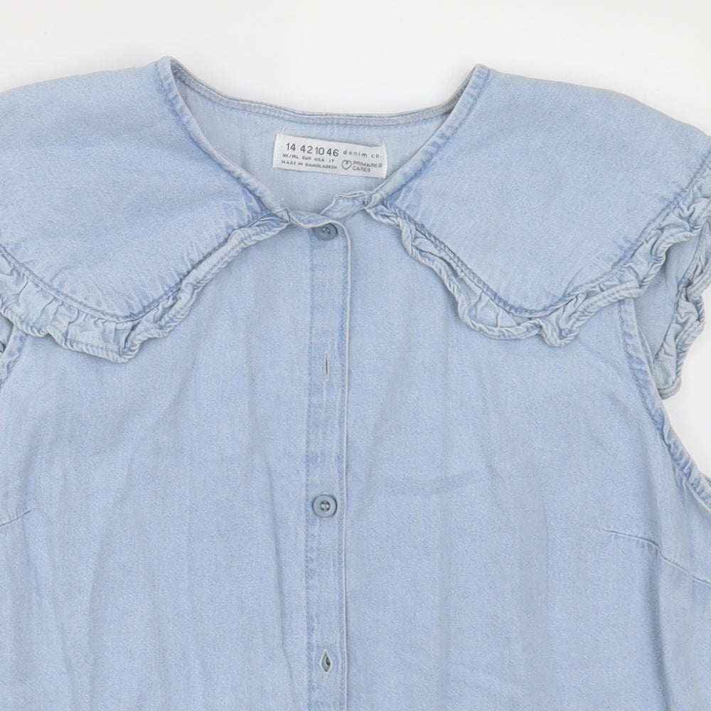 Primark Womens Blue  Cotton Basic Button-Up Size 14 Crew Neck