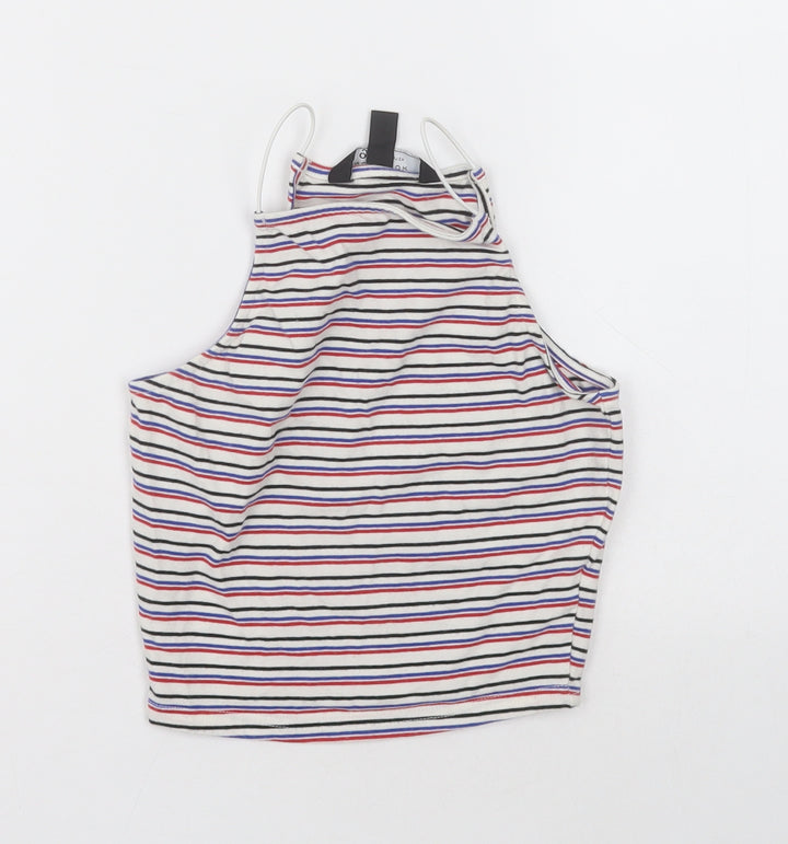 New Look Girls White Striped Cotton Cropped Tank Size 10-11 Years Square Neck Pullover