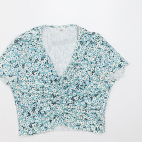 hsein Girls Blue Floral Polyester Cropped T-Shirt Size 14 Years V-Neck Pullover