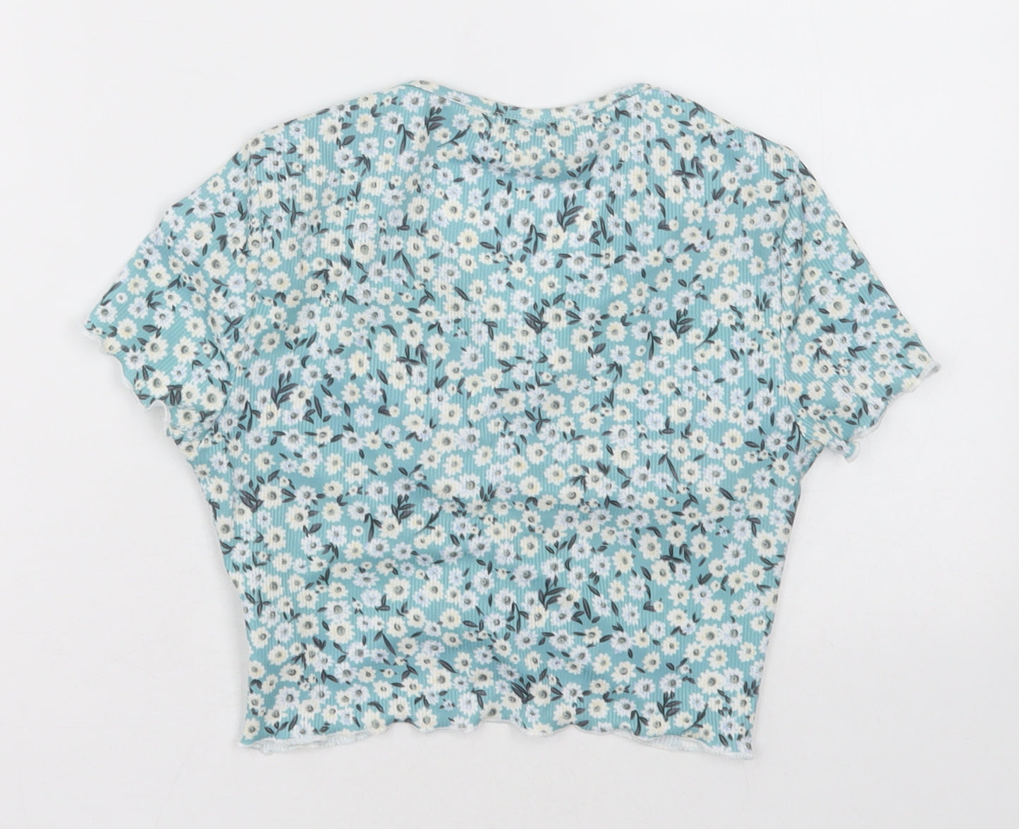 hsein Girls Blue Floral Polyester Cropped T-Shirt Size 14 Years V-Neck Pullover