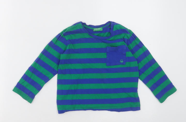 United Colours of Benetton Boys Green Striped Cotton Basic Casual Size 2-3 Years Crew Neck Pullover