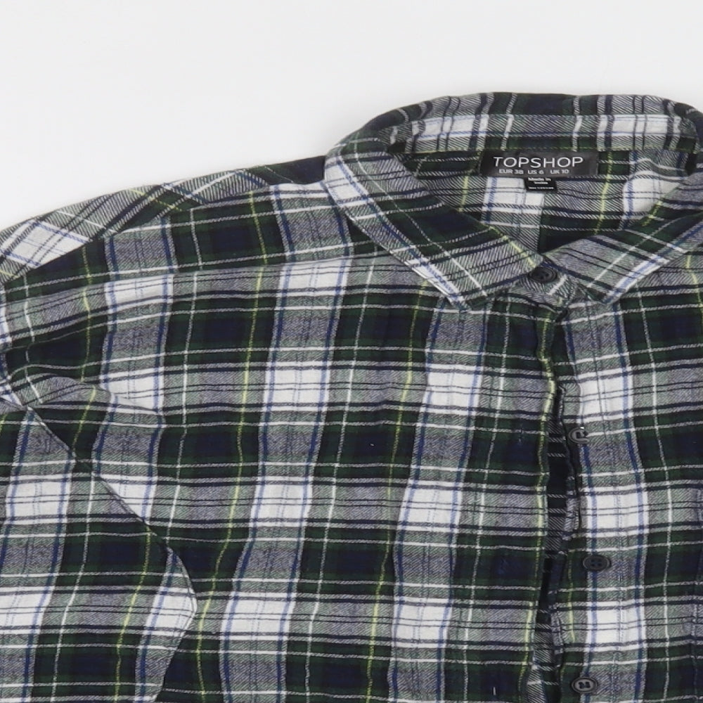 Topshop Womens Green Check Cotton Basic Button-Up Size 10 Collared