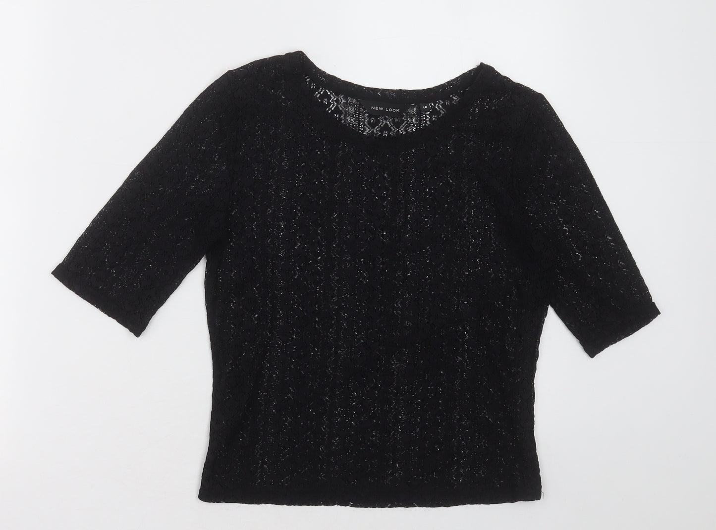New Look Womens Black Floral Polyester Cropped T-Shirt Size 10 Crew Neck