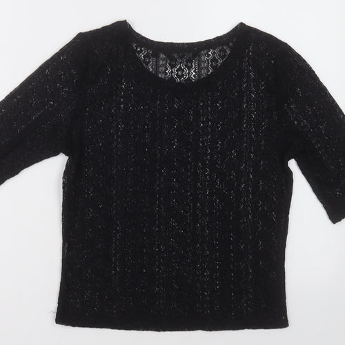 New Look Womens Black Floral Polyester Cropped T-Shirt Size 10 Crew Neck