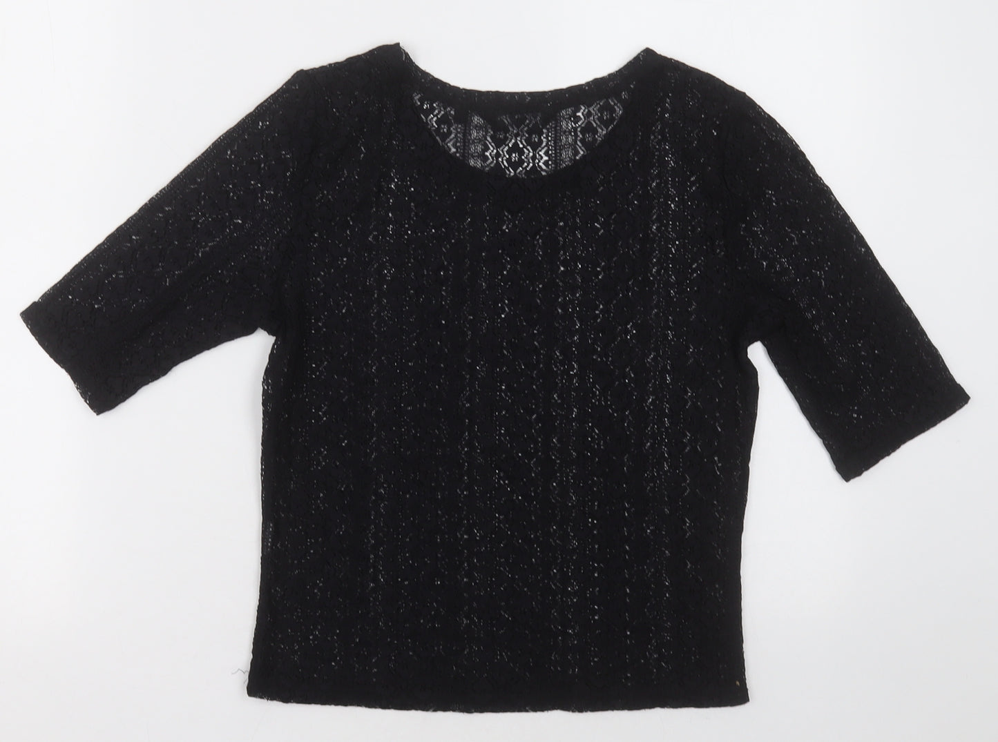 New Look Womens Black Floral Polyester Cropped T-Shirt Size 10 Crew Neck