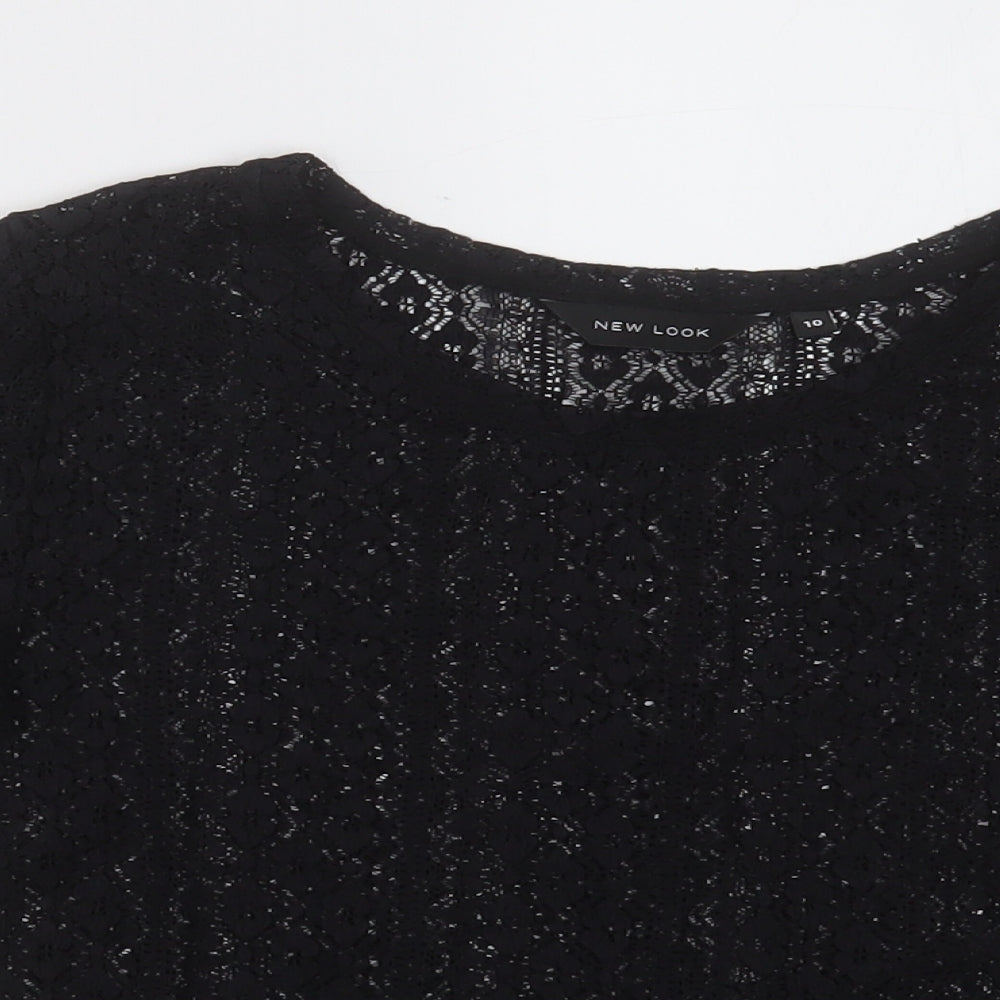 New Look Womens Black Floral Polyester Cropped T-Shirt Size 10 Crew Neck