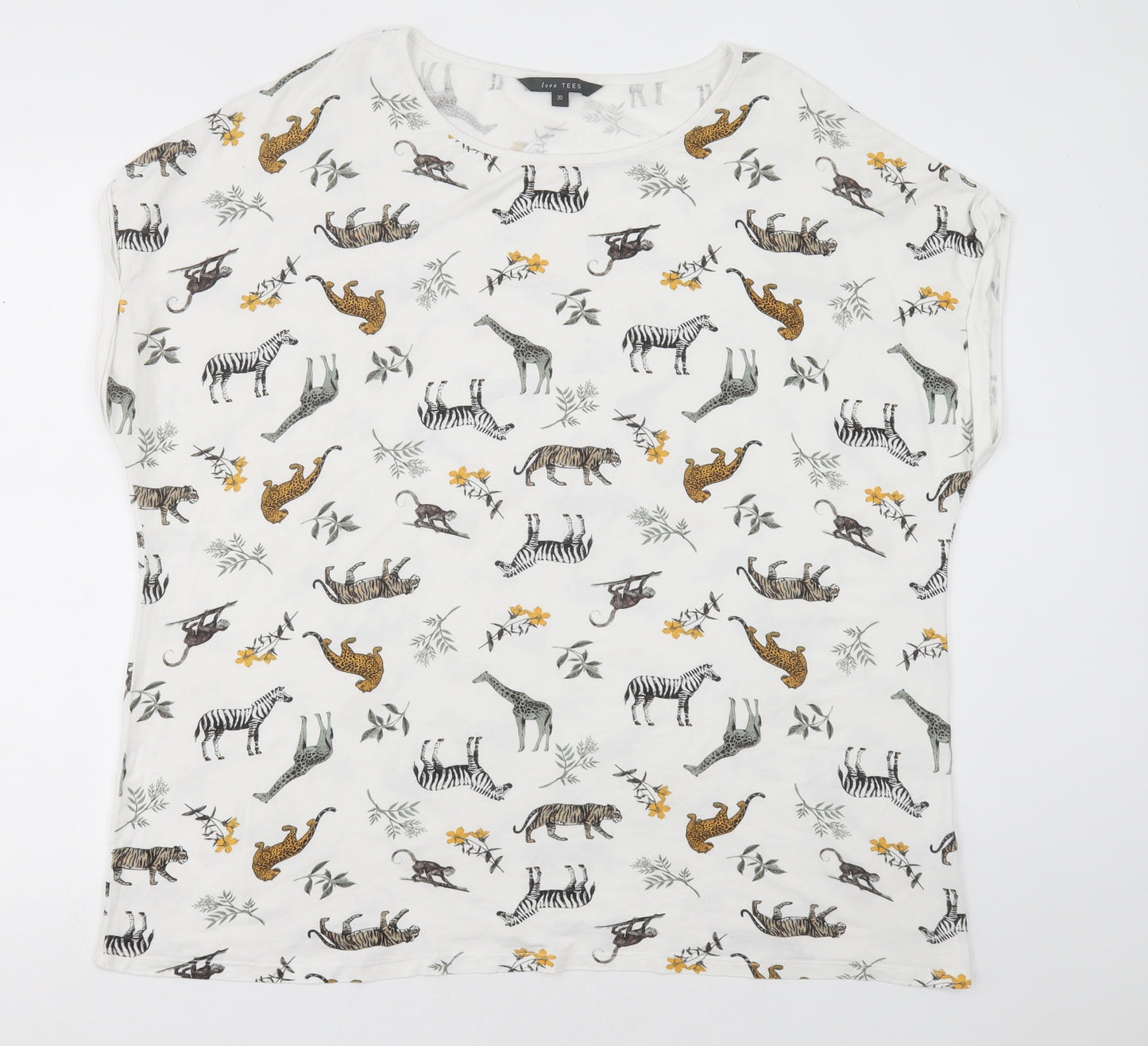 bonmarch Womens White Geometric Polyester Basic T-Shirt Size 20 Crew Neck - Zoo Animal Print