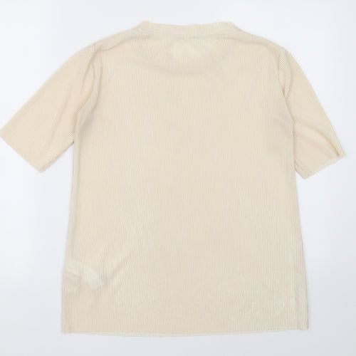 Stradivarius Womens Beige  Polyester Basic T-Shirt Size L Crew Neck - pleated