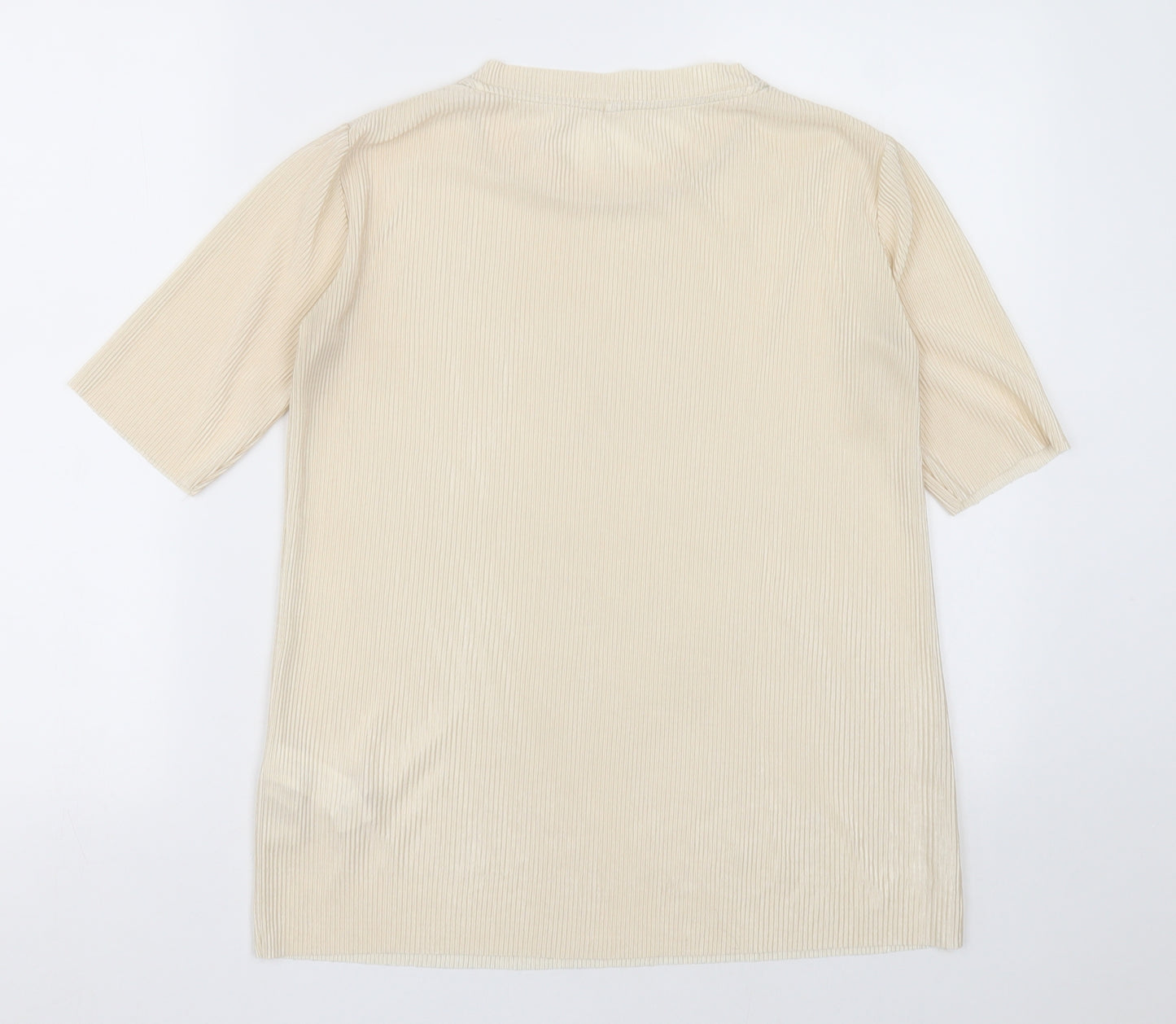 Stradivarius Womens Beige  Polyester Basic T-Shirt Size L Crew Neck - pleated