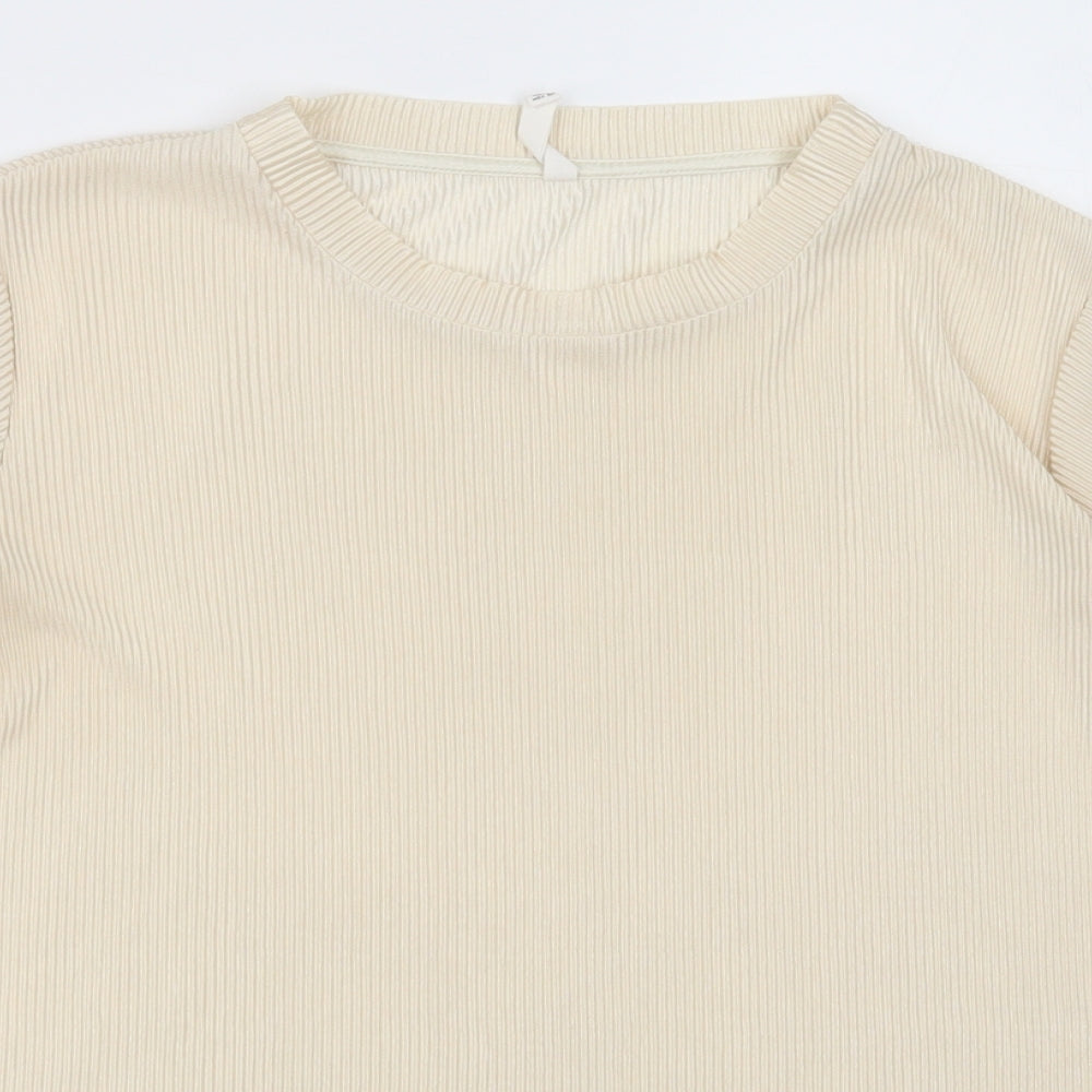 Stradivarius Womens Beige  Polyester Basic T-Shirt Size L Crew Neck - pleated
