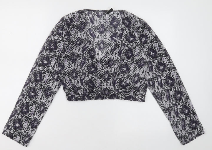 H&M Womens Purple Animal Print Polyester Cropped Blouse Size 8 V-Neck