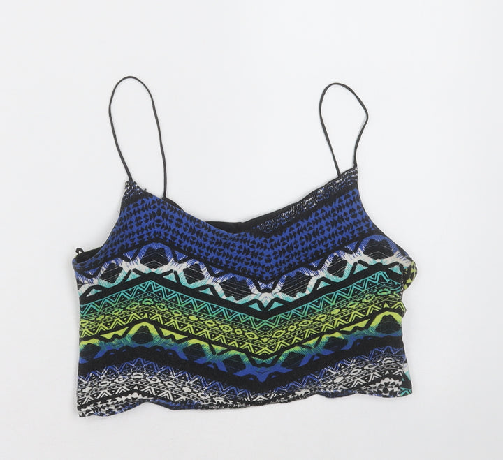New Look Womens Blue Geometric Cotton Cropped Tank Size 8 V-Neck