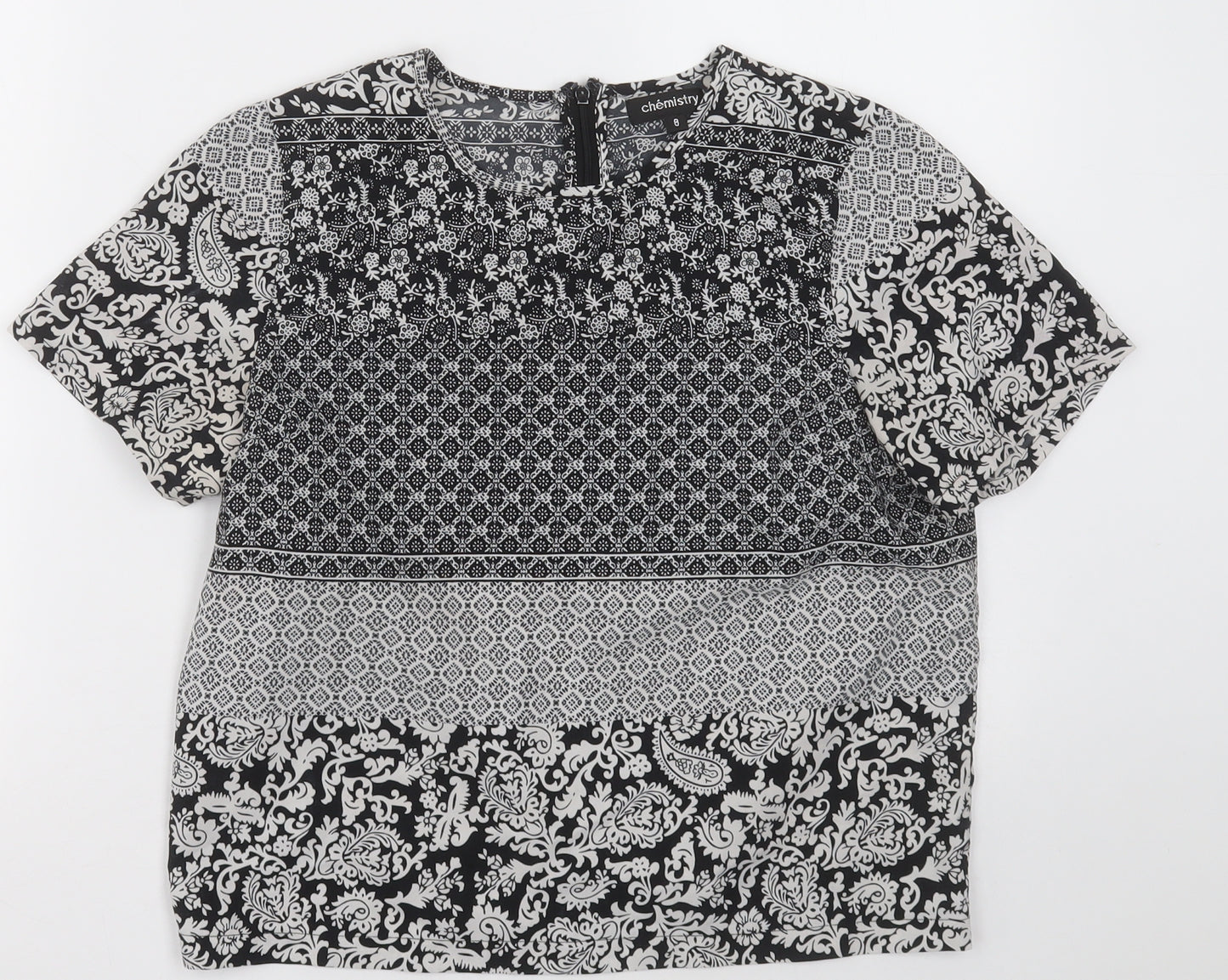 Chemsitry Womens Black Plaid Polyester Basic Blouse Size 8 Crew Neck