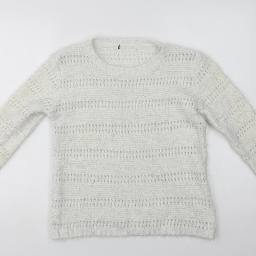 Quiz Womens White Crew Neck Striped Polyester Pullover Jumper Size M