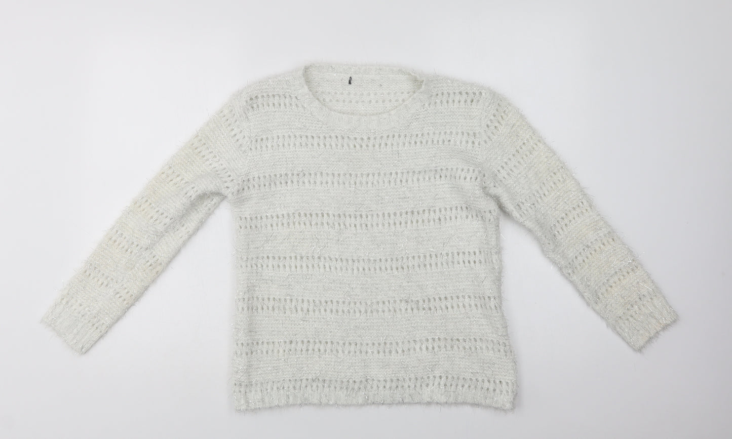 Quiz Womens White Crew Neck Striped Polyester Pullover Jumper Size M