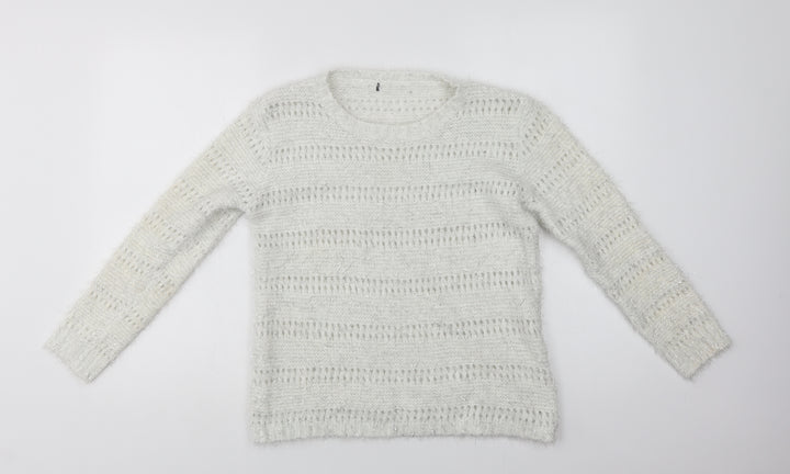 Quiz Womens White Crew Neck Striped Polyester Pullover Jumper Size M