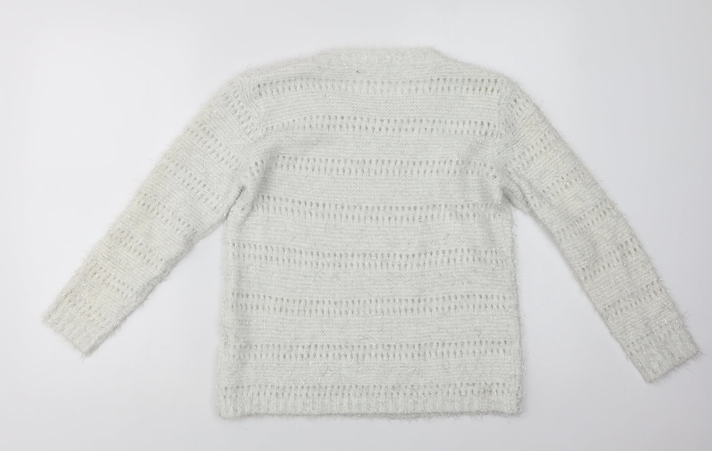 Quiz Womens White Crew Neck Striped Polyester Pullover Jumper Size M