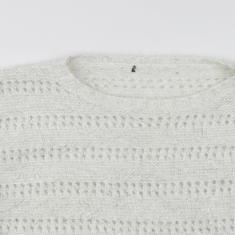 Quiz Womens White Crew Neck Striped Polyester Pullover Jumper Size M