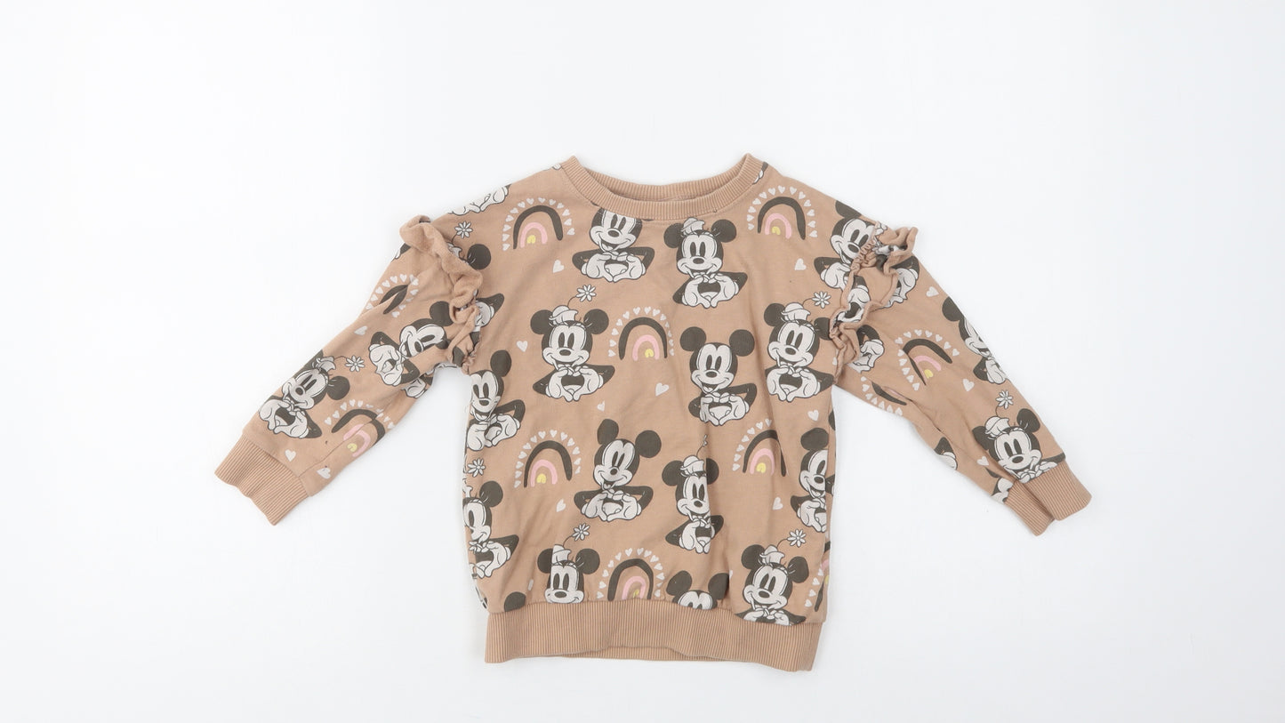 NEXT Girls Beige Geometric Cotton Pullover Sweatshirt Size 3-4 Years   - Mickey and Minnie Mouse