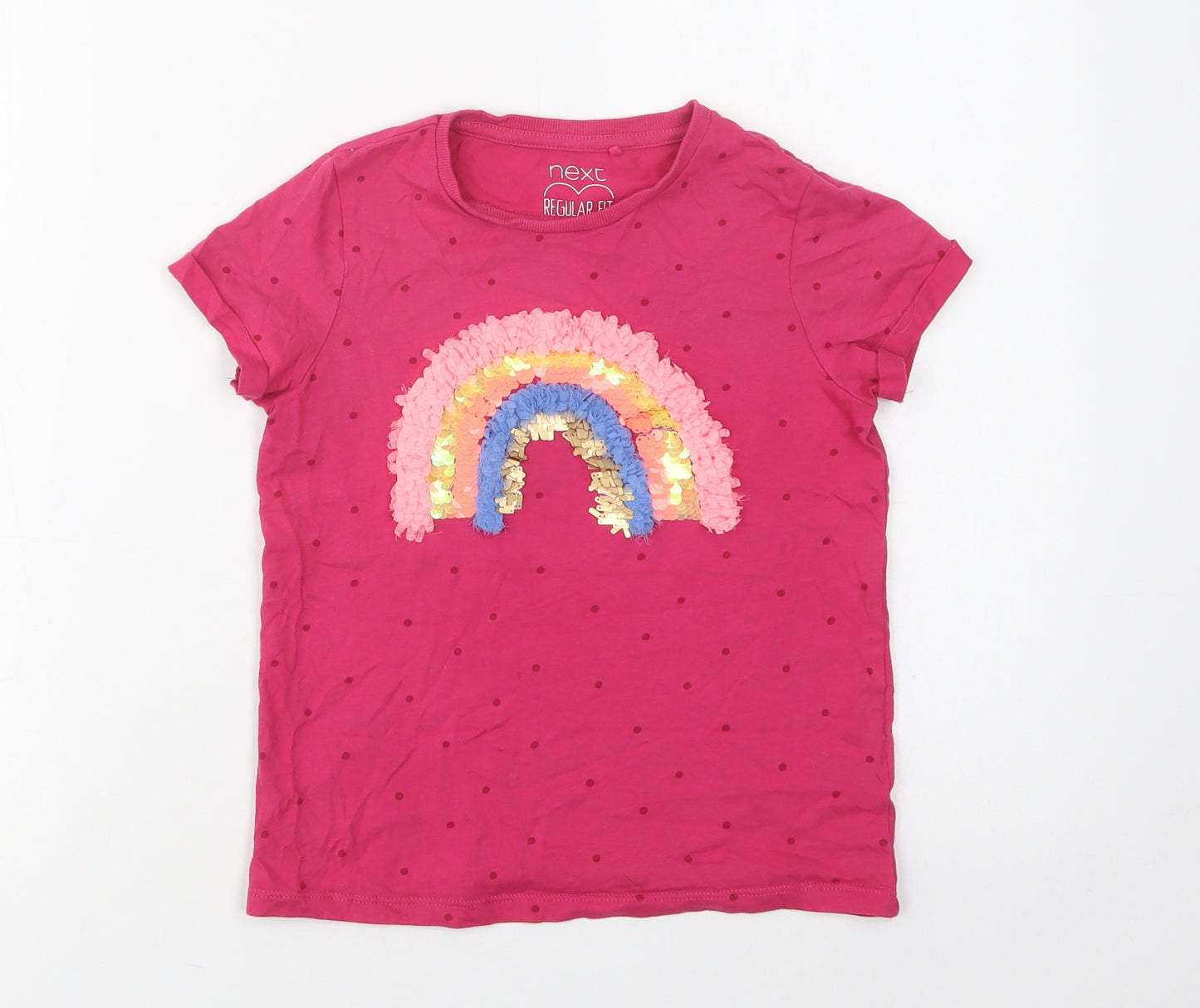 NEXT Girls Pink Polka Dot Cotton Basic T-Shirt Size 8 Years Crew Neck  - Rainbow