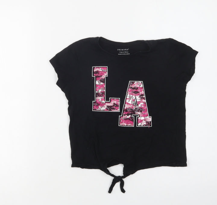 Primark Girls Black  Cotton Cropped T-Shirt Size 7-8 Years Crew Neck  - L.A.