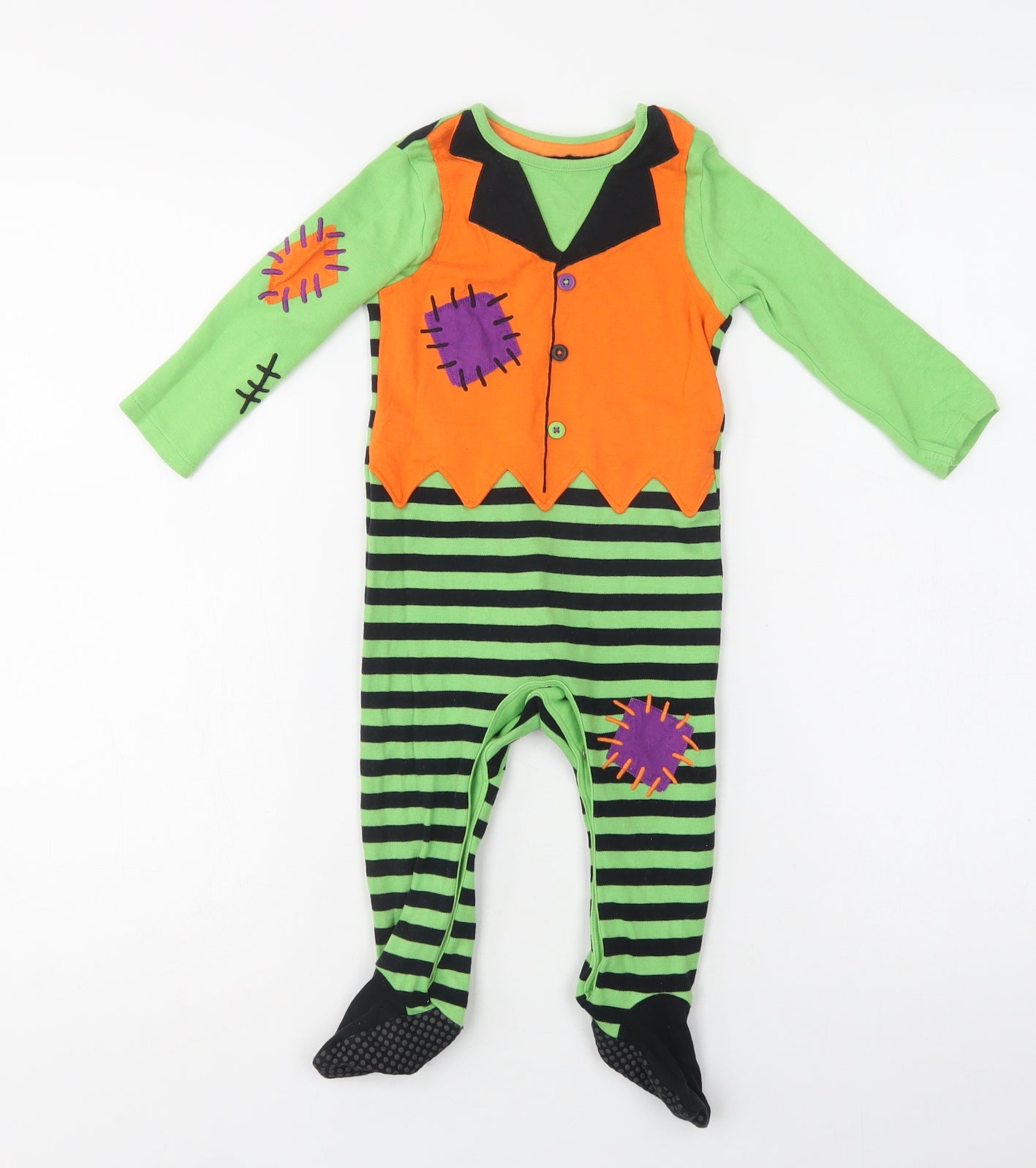 F&F Baby Green Striped Cotton Babygrow One-Piece Size 9-12 Months  Snap