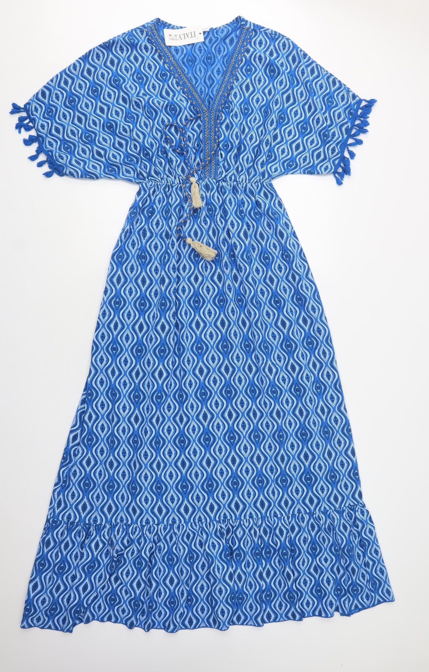 Italy Moda Womens Blue Geometric Viscose Maxi  Size L  V-Neck