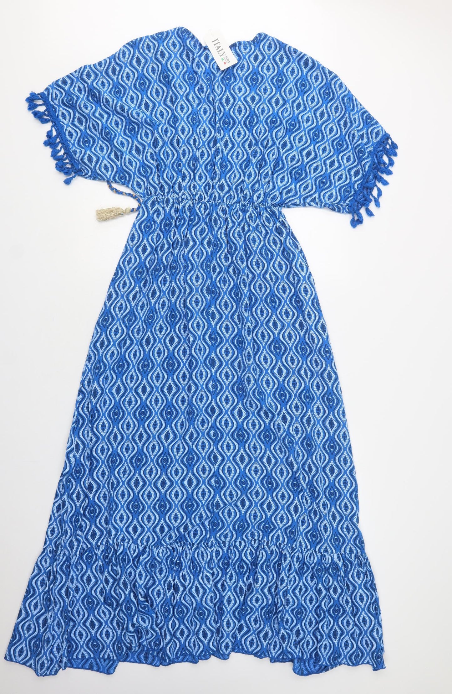 Italy Moda Womens Blue Geometric Viscose Maxi  Size L  V-Neck
