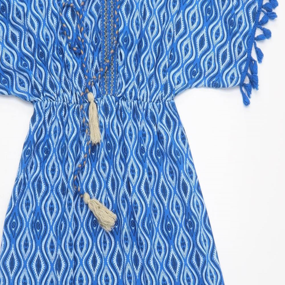 Italy Moda Womens Blue Geometric Viscose Maxi  Size L  V-Neck