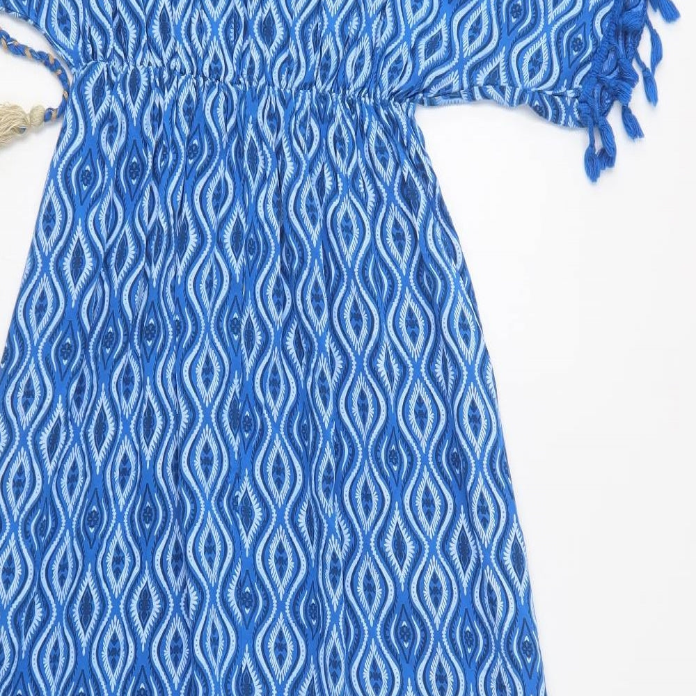 Italy Moda Womens Blue Geometric Viscose Maxi  Size L  V-Neck