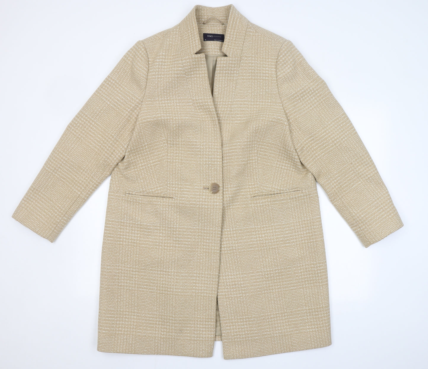 Marks and Spencer Womens Beige Plaid  Overcoat Coat Size 16  Button