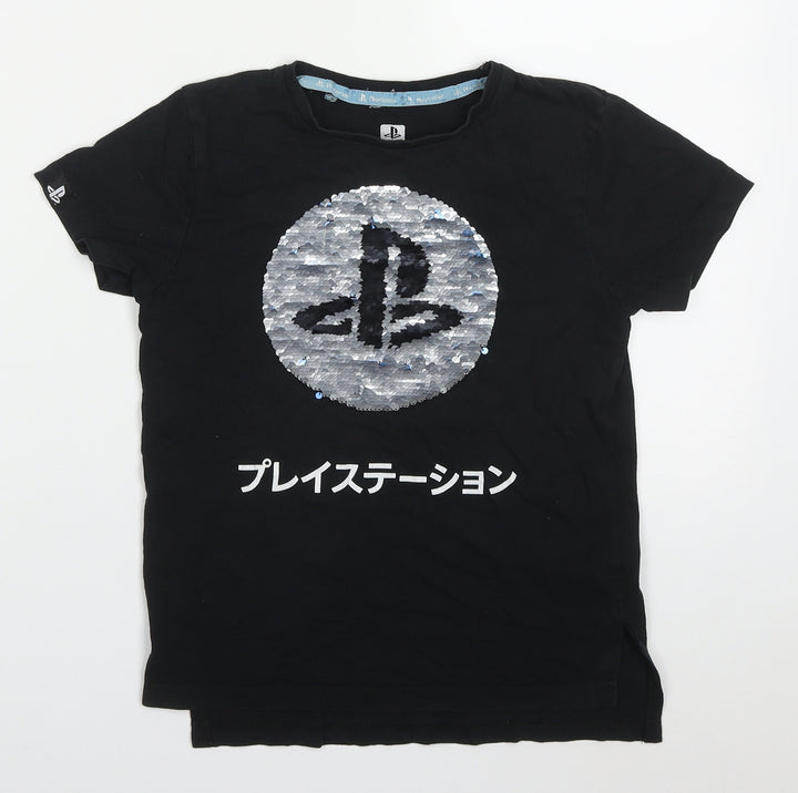 Primark Boys Black Cotton Basic T-Shirt Size 7-8 Years Crew Neck Pullover - Playstation